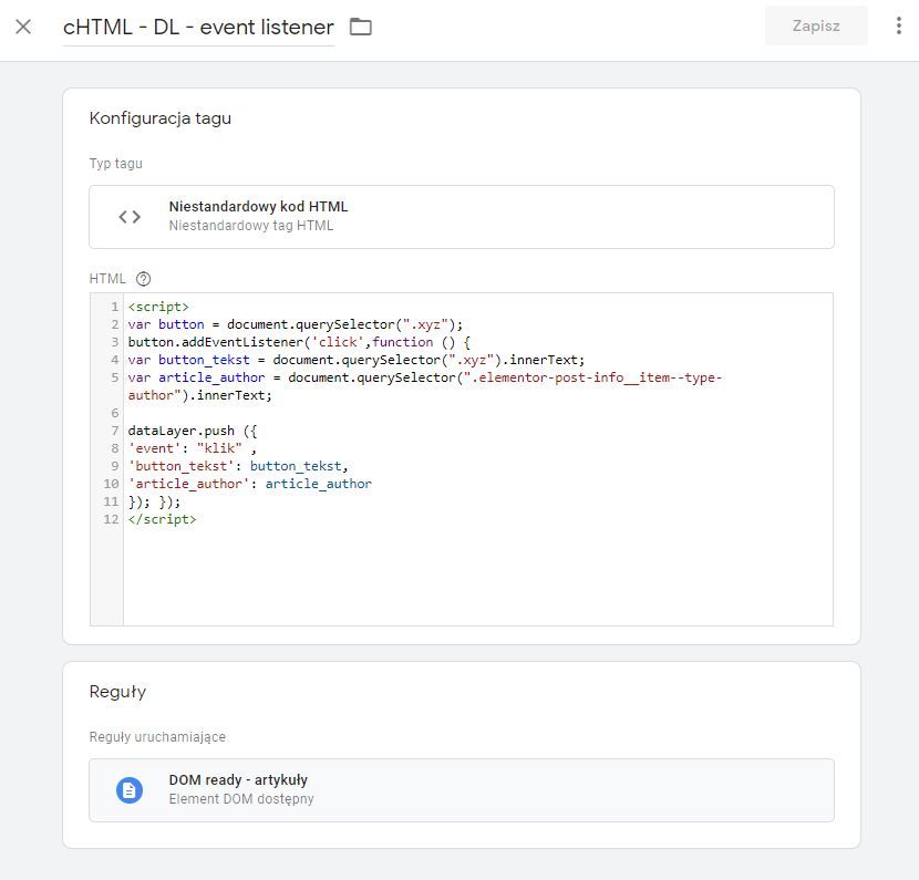 przykład kodu z nasłuchiwaniem zdarzeń javascript